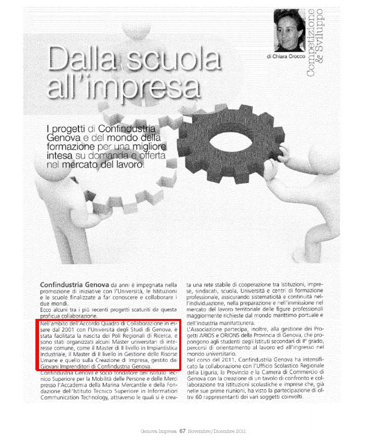 Genova Impresa, Allegato del Sole 24, Novembre Dicembre 2011, p.67-68, Dalla Scuola all'Impresa