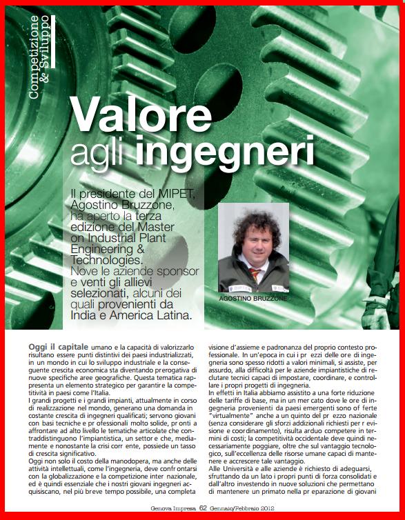 Genova Impresa, Allegato del Sole 24, January-February 2012, p.62-63, MIPET: Value for the Engineers