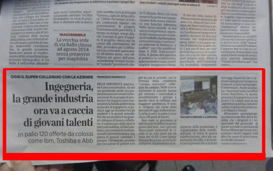 Il Secolo XIX, April 2, 2015, Savona, p.22, Ingegneria, la Grande Industria Ora va a Caccia di Giovani Talenti