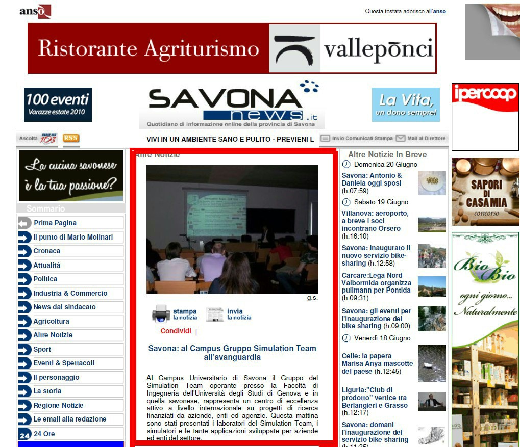 May 28, 2010, Savona News, Savona: al Campus Gruppo Simulation Team all'avanguardia